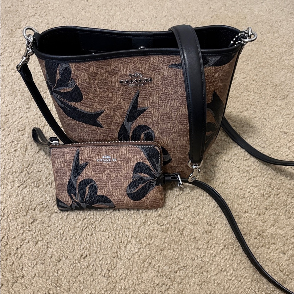 Coach Tan and Black Floral Bag with Pouch